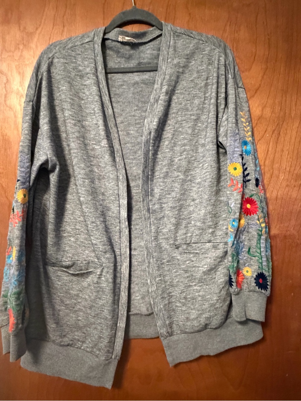 Grey Open Cardigan with Colorful Floral Embroidered Sleeves